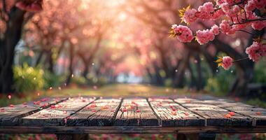 Cherry blossom petals falling on a wooden table with a blurred background of a park in spring photo