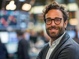 businessman standing in blurred stock market background photo