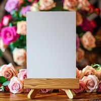 Blank wooden frame on wooden table with blurred roses background photo