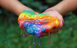 Two hands holding vibrant, multicolored slime dripping and stretching, creating an abstract, playful visual against a blurred green background. photo