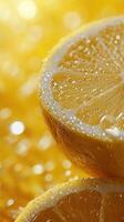Close-up of a halved lemon with fresh juice droplets, showcasing its vibrant yellow color and juicy texture, perfect for food and beverage concepts. photo