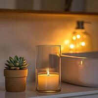 Blank clear straight candle glass surrounded by a stack of books, a small vase with flowers, and warm ambient lighting, modern warm bedroom mockup, chic and cozy photo