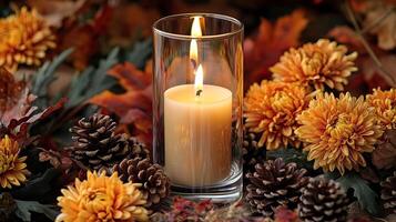 Blank clear straight candle glass amidst a setting with delicate fairy lights photo
