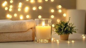 Blank clear straight candle glass surrounded by a stack of books, a small vase with flowers, and warm ambient lighting, modern warm bedroom mockup, chic and cozy photo