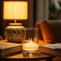 Blank clear straight candle glass on a side table with a ceramic lamp, a few favorite novels, and soft lighting, modern warm living room mockup, warm and sophisticated photo
