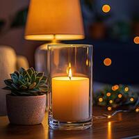 Blank clear straight candle glass surrounded by a stack of books, a small vase with flowers, and warm ambient lighting, modern warm bedroom mockup, chic and cozy photo