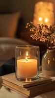 Blank clear straight candle glass surrounded by a stack of books, a small vase with flowers, and warm ambient lighting, modern warm bedroom mockup, chic and cozy photo