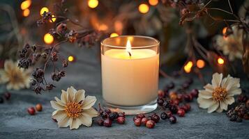 Blank clear straight candle glass on a concrete surface with minimalistic star decorations and soft fairy lights, modern minimalist Christmas mockup, industrial chic photo