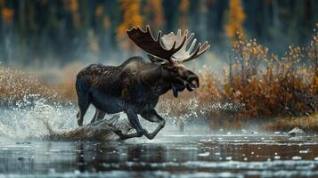 Majestic moose splashing through a forest lake during autumn, with vibrant fall foliage in the background. photo