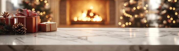 Marble counter mockup with a Christmas background featuring twinkling fairy lights, festive ornaments, and pine branches, editorial photography, empty copy space on the right photo