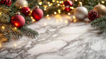 Marble counter mockup with a Christmas background featuring twinkling fairy lights, festive ornaments, and pine branches, editorial photography, empty copy space on the right photo