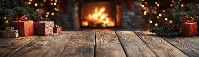 Wooden counter mockup with a Christmas background featuring twinkling fairy lights, festive ornaments, and pine branches, editorial photography, empty copy space on the right photo