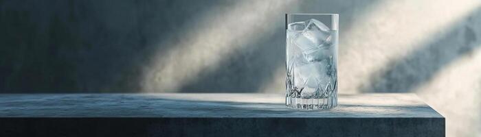 1 A contemporary gin tonic setup, the drink set on a polished concrete slab, ambient light accentuating the clarity of the drink, ample space above for minimalist text photo