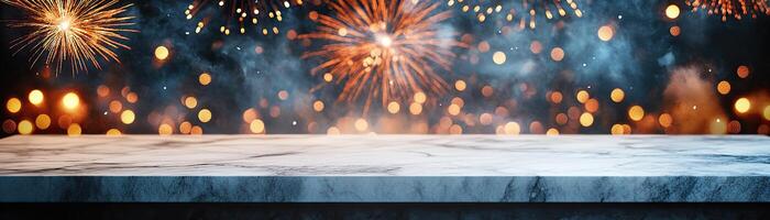 Marble counter mockup with a New Year celebration background featuring vibrant fireworks lighting up the night sky, editorial photography, empty copy space on the right photo