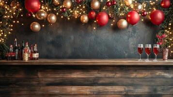 Rustic wooden counter mockup against a backdrop of New Year s Eve party decorations photo