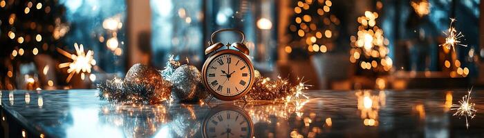 Festive marble counter mockup with a backdrop of a clock striking midnight photo