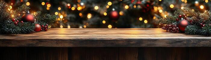 Wooden counter mockup with a Christmas background featuring twinkling fairy lights, festive ornaments, and pine branches, editorial photography, empty copy space on the right photo