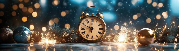Festive marble counter mockup with a backdrop of a clock striking midnight photo