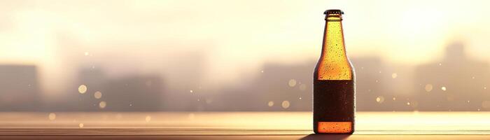 1 A minimalist shot focusing on the silhouette of a craft beer bottle, set against a soft, light background, ample panoramic space for advertising content photo