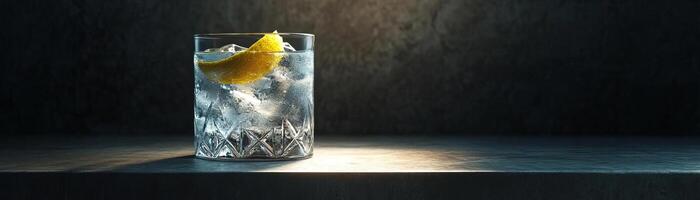 1 A contemporary gin tonic setup, the drink set on a polished concrete slab, ambient light accentuating the clarity of the drink, ample space above for minimalist text photo