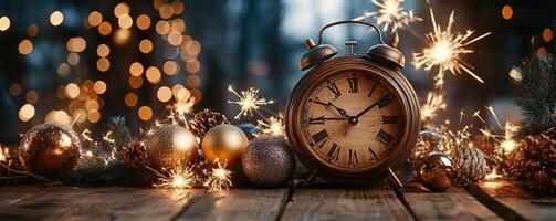 Festive wooden counter mockup with a backdrop of a clock striking midnight photo