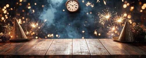 Festive wooden counter mockup with a backdrop of a clock striking midnight photo