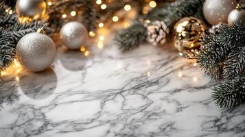 Marble counter mockup with a Christmas background featuring twinkling fairy lights, festive ornaments, and pine branches, editorial photography, empty copy space on the right photo