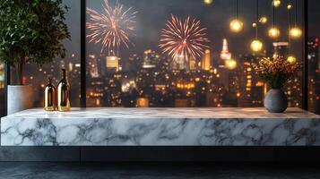 Marble counter mockup set against a New Year celebration scene with a bustling cityscape photo