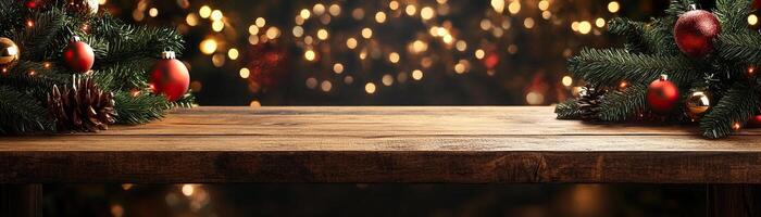 Wooden counter mockup with a Christmas background featuring twinkling fairy lights, festive ornaments, and pine branches, editorial photography, empty copy space on the right photo