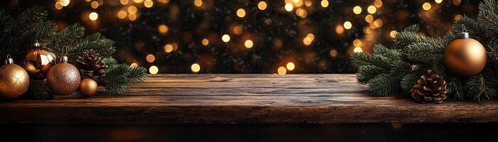 Wooden counter mockup with a Christmas background featuring twinkling fairy lights, festive ornaments, and pine branches, editorial photography, empty copy space on the right photo