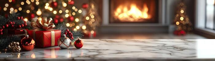 Marble counter mockup with a Christmas background featuring twinkling fairy lights, festive ornaments, and pine branches, editorial photography, empty copy space on the right photo