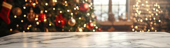 Sleek marble counter mockup against a cozy Christmas backdrop with a decorated tree and stockings, warm holiday ambiance, editorial shot, empty copy space for text on side photo