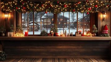 Wooden counter mockup set against a snowy Christmas village background with lit windows and festive decorations, editorial photography, empty space for text on side photo