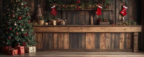 Rustic wooden counter mockup against a cozy Christmas backdrop with a decorated tree and stockings, warm holiday ambiance, editorial shot, empty copy space for text on side photo