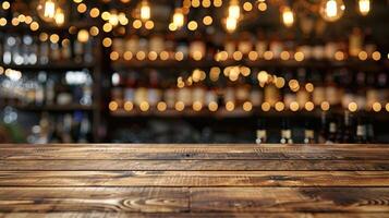 Blurred background of a vibrant bar with wooden counter and hanging lights, perfect for restaurant or nightlife themes. photo
