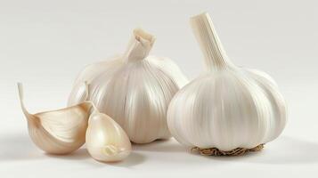 Close-up of fresh garlic bulbs and cloves, showcasing their details on a clean, white background. photo