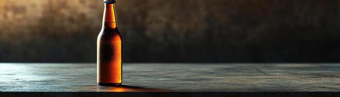 1 A sleek, contemporary craft beer setup, the bottle set on a polished concrete table, ambient light highlighting the texture of the beer, ample space above for minimalist text photo