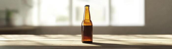 1 A minimalist shot focusing on the silhouette of a craft beer bottle, set against a soft, light background, ample panoramic space for advertising content photo