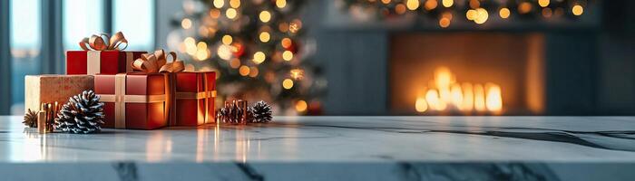 Marble counter mockup with a Christmas background featuring twinkling fairy lights, festive ornaments, and pine branches, editorial photography, empty copy space on the right photo