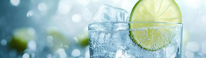 1 A detailed shot of a gin tonic, emphasizing the fizz and the ices clarity, set against a clean, neutral backdrop, extensive space on the right for copy photo