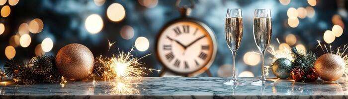 Festive marble counter mockup with a backdrop of a clock striking midnight photo