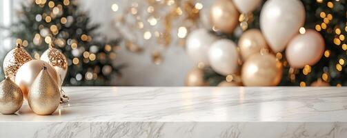 Sleek marble counter mockup against a backdrop of New Year s Eve party decorations photo