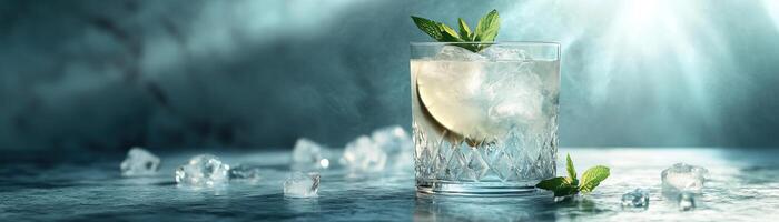 1 A contemporary gin tonic setup, the drink set on a polished concrete slab, ambient light accentuating the clarity of the drink, ample space above for minimalist text photo