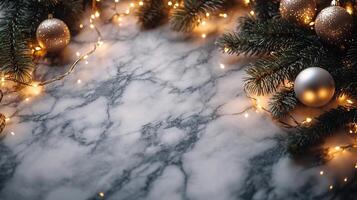 Marble counter mockup with a Christmas background featuring twinkling fairy lights, festive ornaments, and pine branches, editorial photography, empty copy space on the right photo