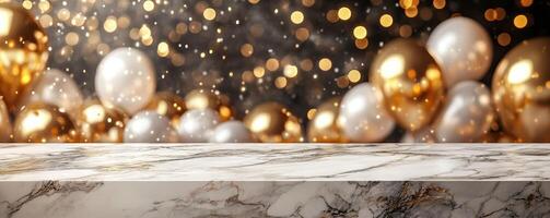 Sleek marble counter mockup against a backdrop of New Year s Eve party decorations photo