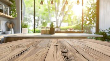 Close-up of a wooden table with a blurred kitchen background, bathed in natural sunlight, perfect for food and home interior concepts. photo