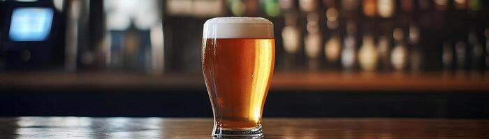 1 A detailed shot of a craft beer glass at a bar, emphasizing the foams creamy texture, set against a clean, neutral backdrop, extensive space on the right for copy photo