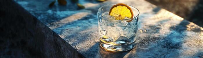 1 A contemporary gin tonic setup, the drink set on a polished concrete slab, ambient light accentuating the clarity of the drink, ample space above for minimalist text photo
