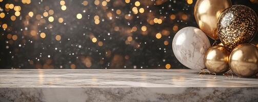 Sleek marble counter mockup against a backdrop of New Year s Eve party decorations photo