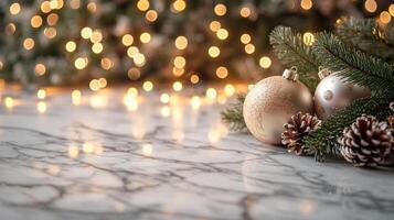 Marble counter mockup with a Christmas background featuring twinkling fairy lights, festive ornaments, and pine branches, editorial photography, empty copy space on the right photo